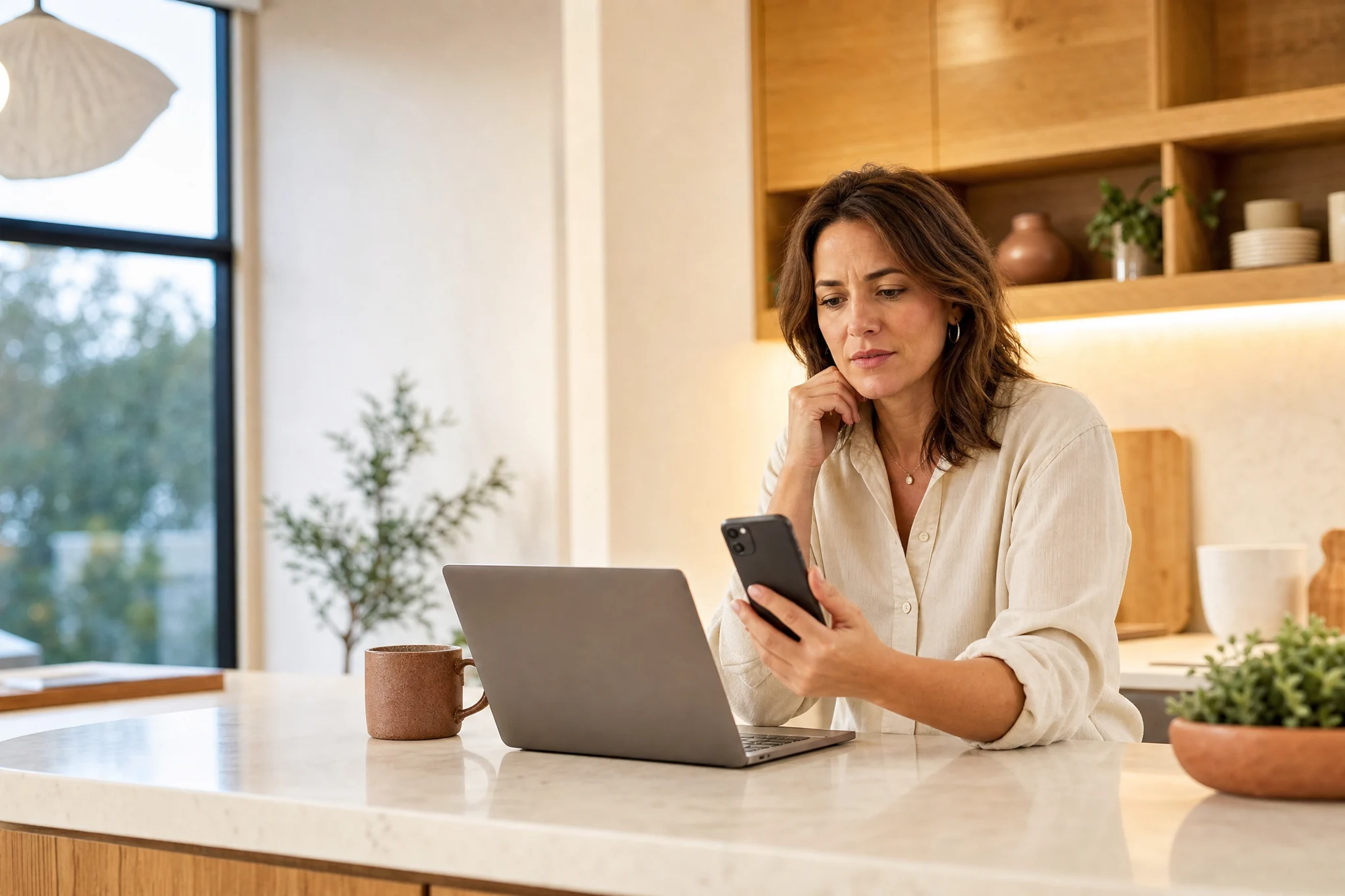 A homeowner at her kitchen counter booking a repair on her phone