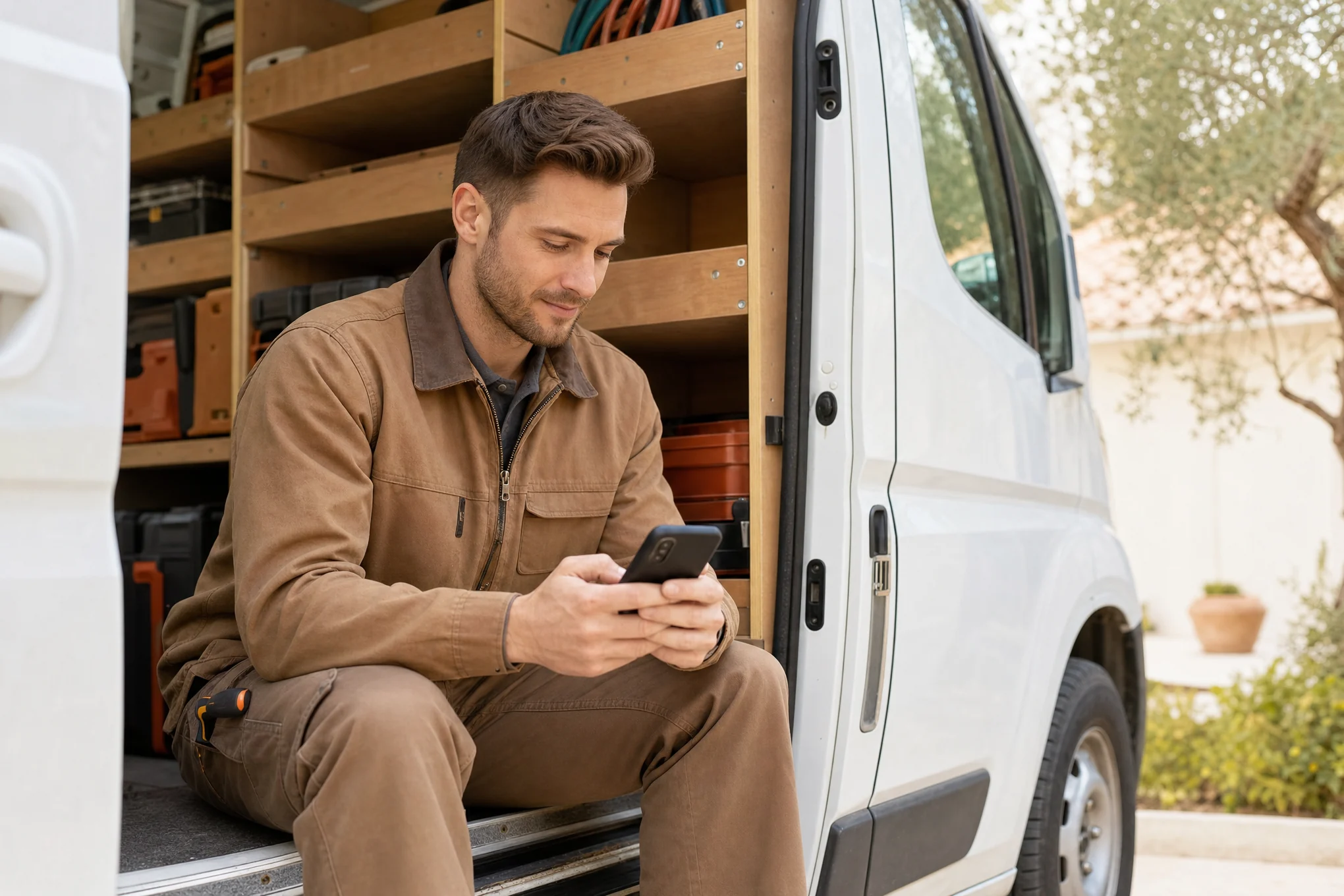 A technician in his van checking a new job on his phone