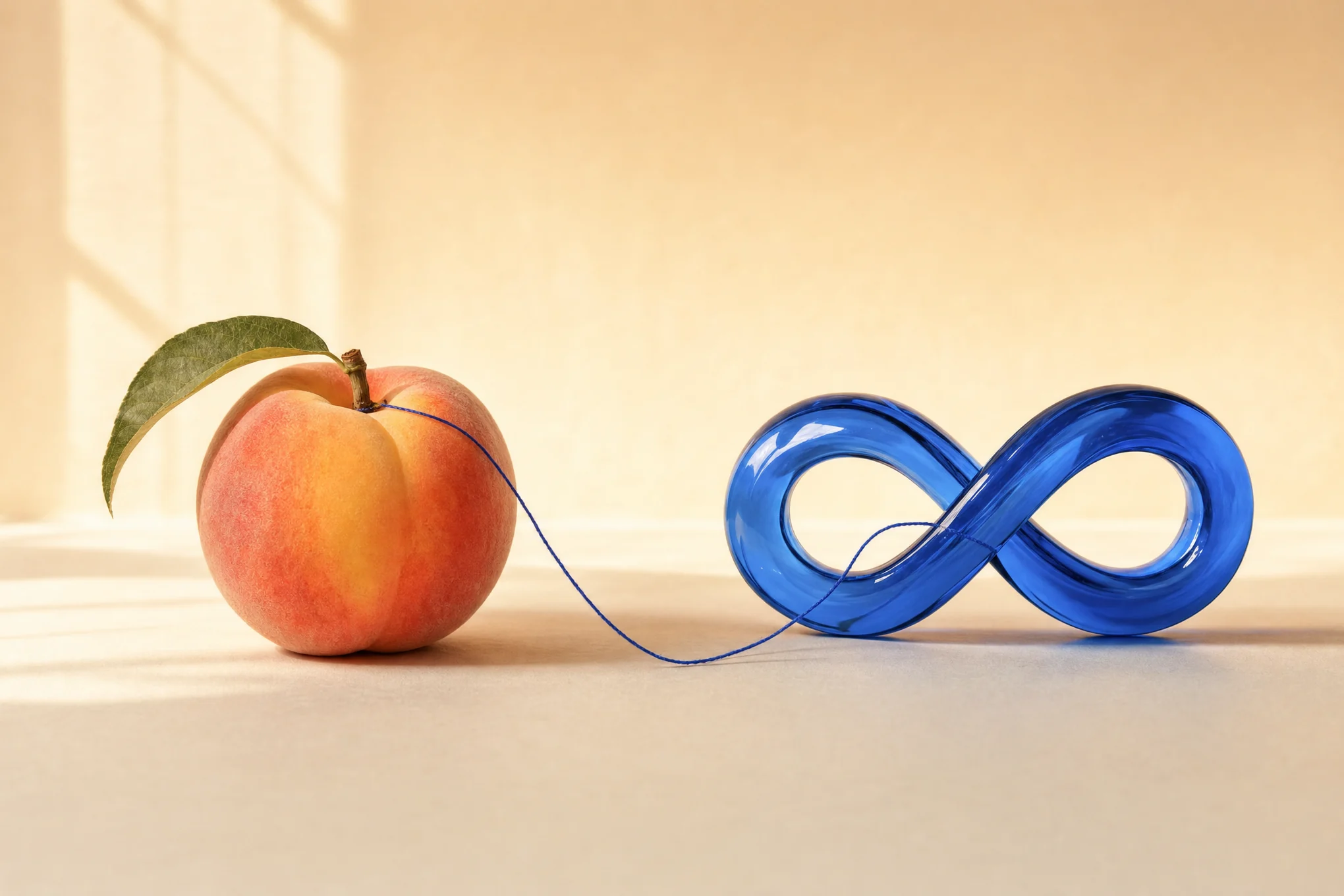 A ripe peach tied by a fine blue thread to a blue glass infinity loop
