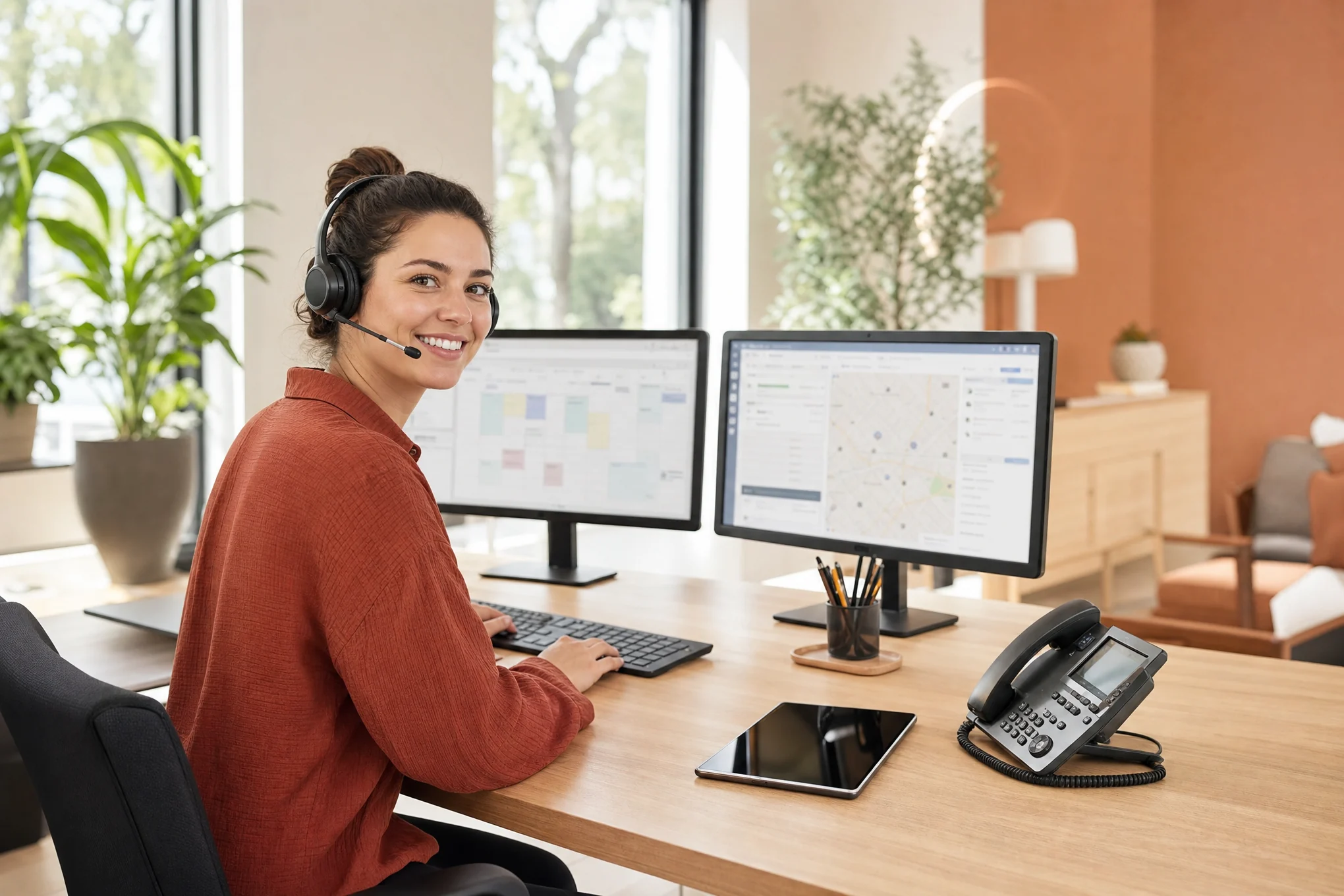 Dispatcher working at a two-monitor workstation