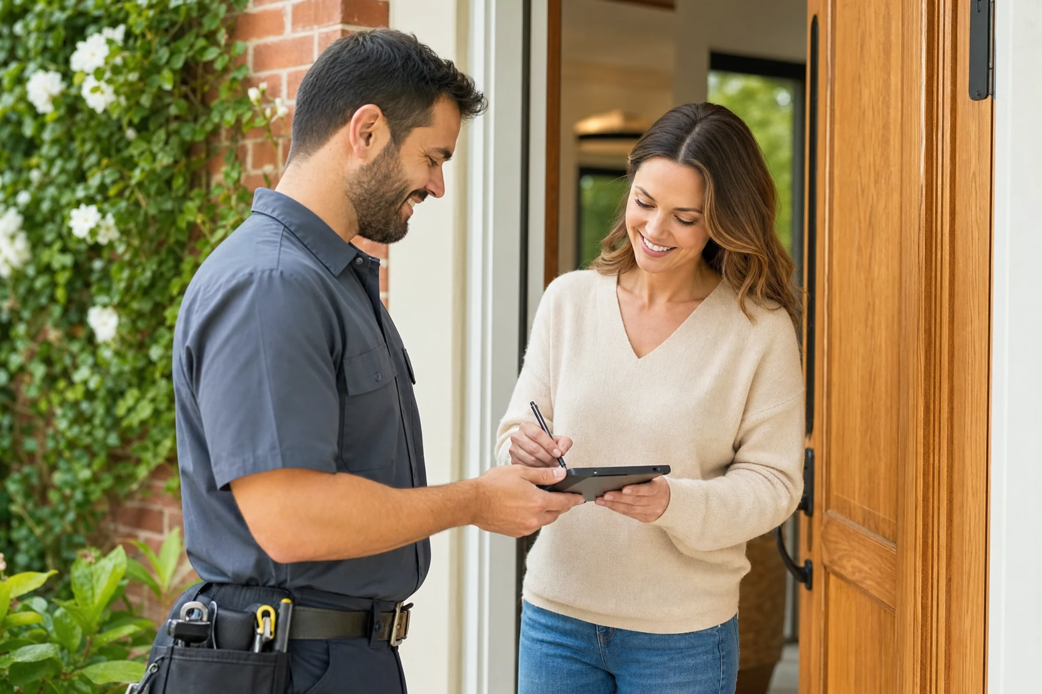 Technician handing a tablet to a homeowner at the front door