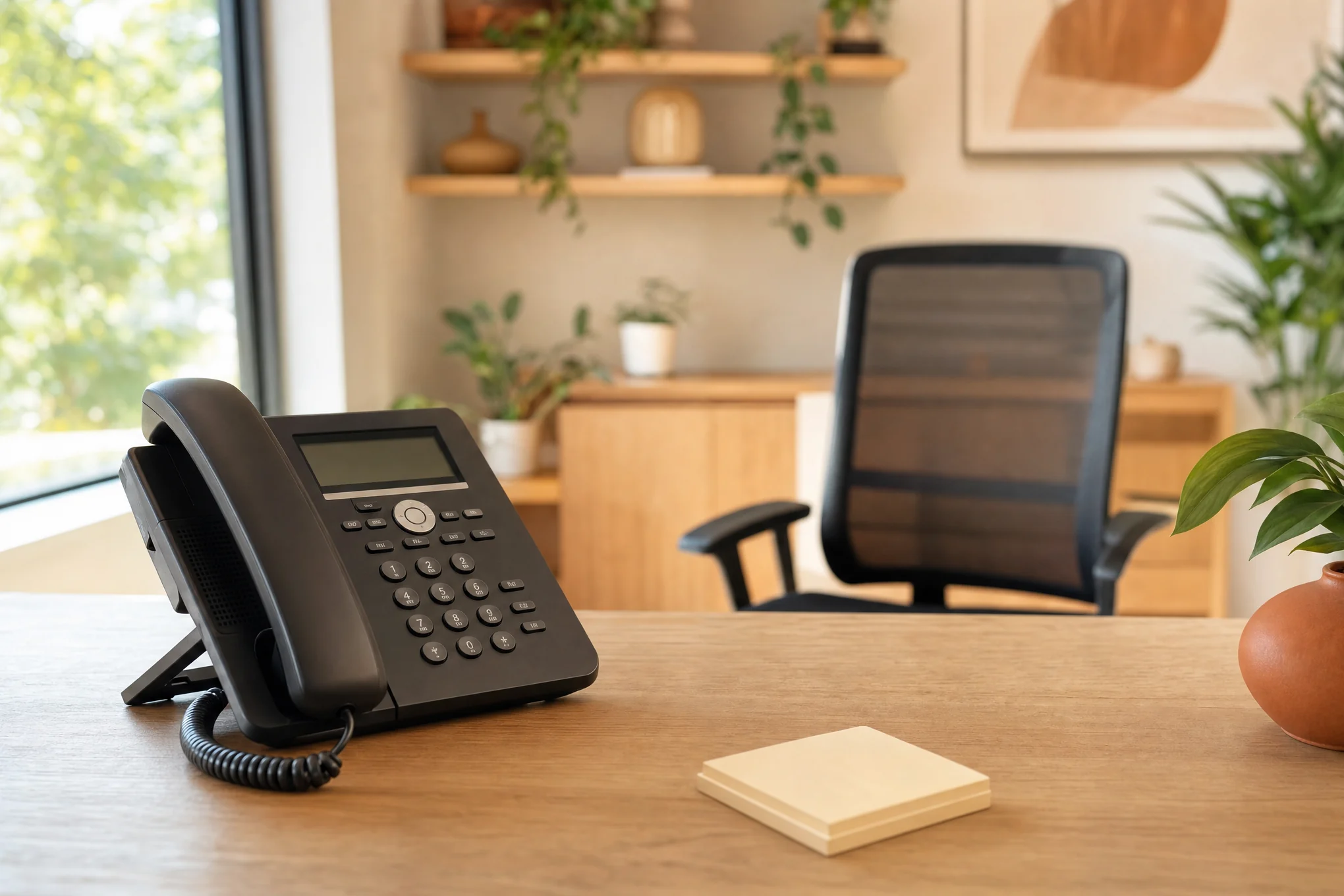 An unattended desk phone in a quiet home services front office