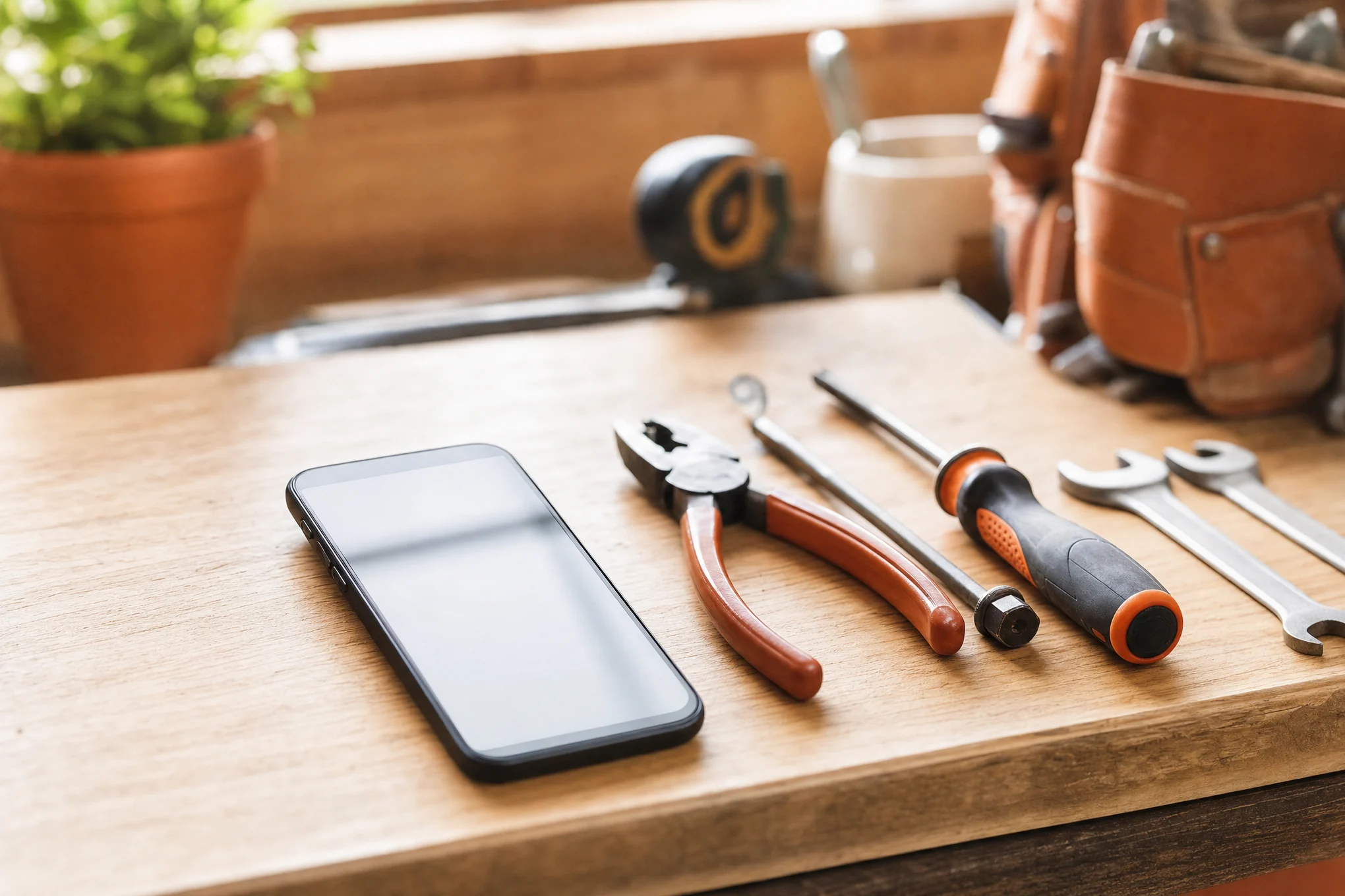 A smartphone lying on a workbench beside hand tools