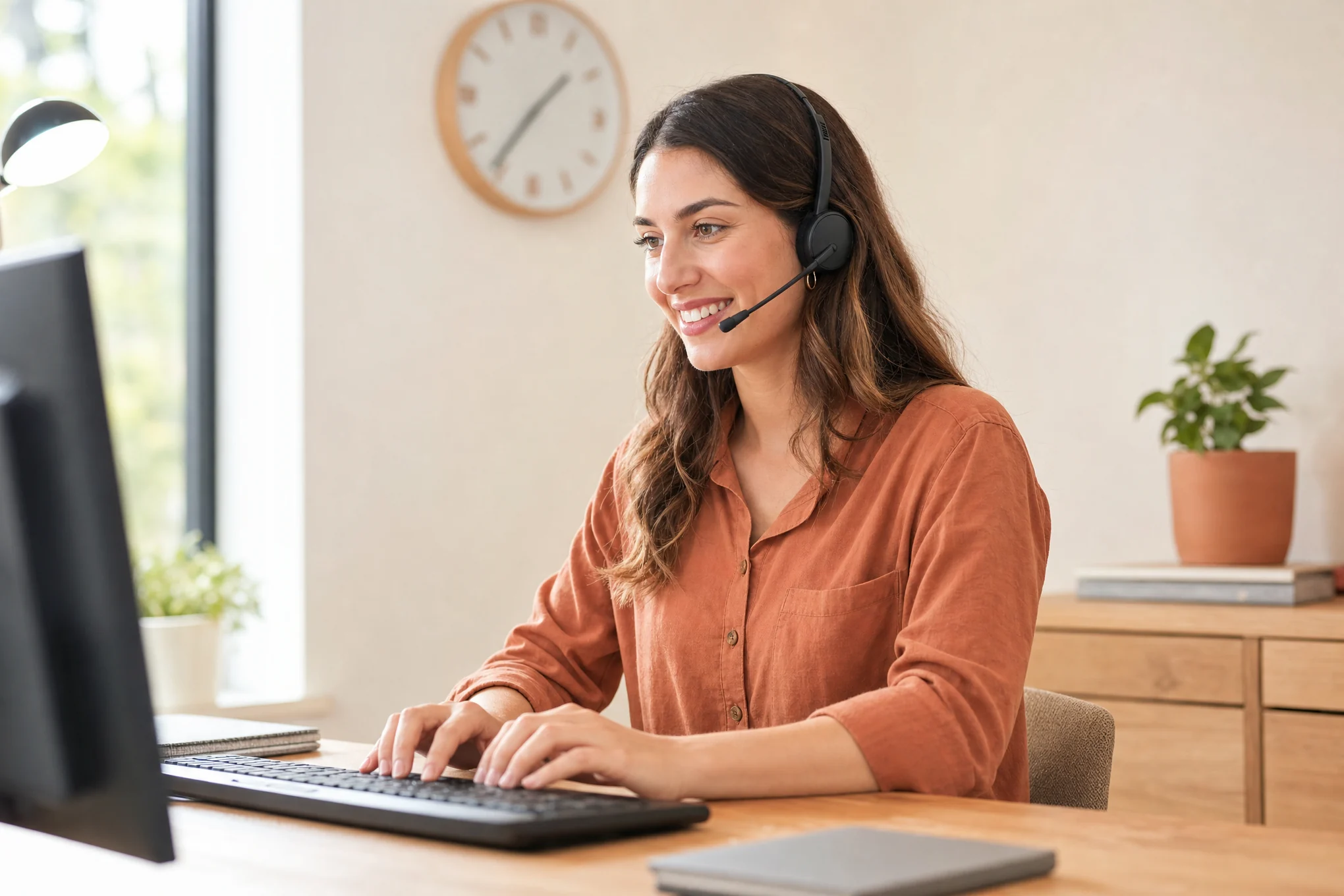 A customer service rep on a headset at her desk