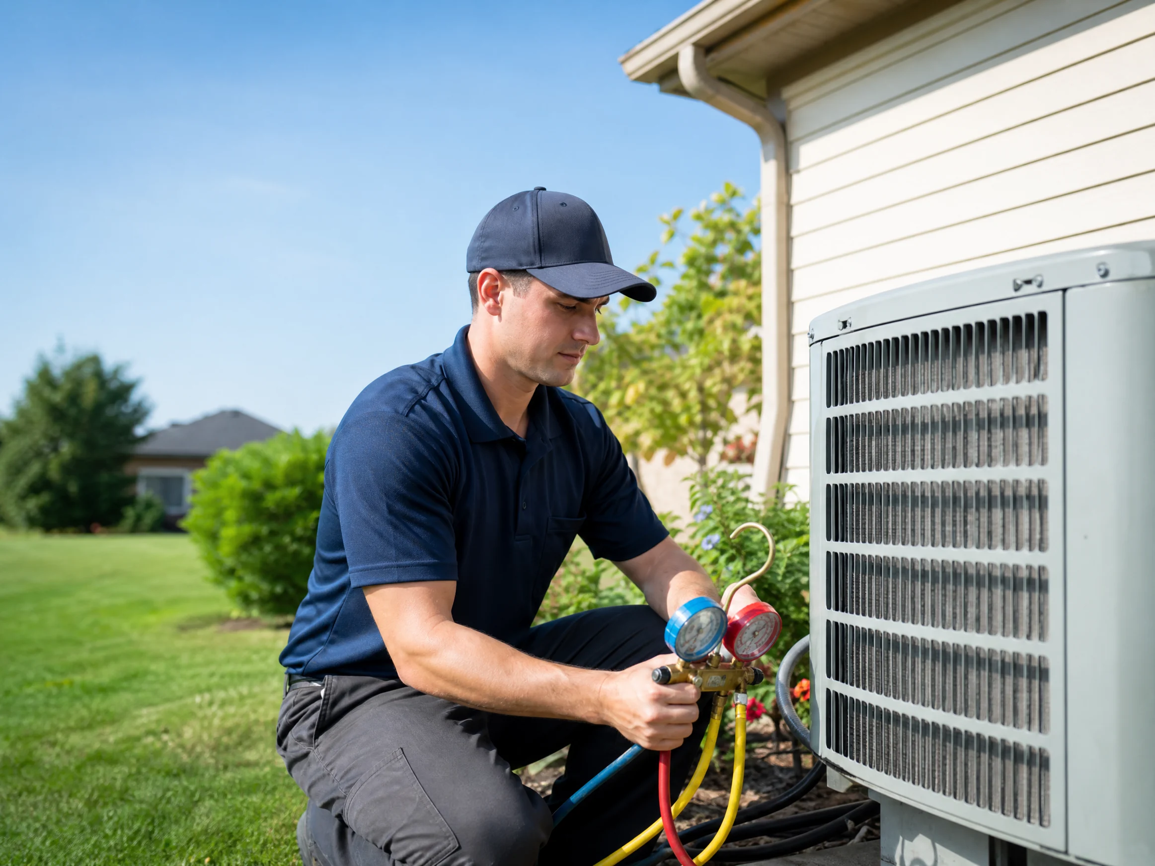 An HVAC technician checking an outdoor AC unit