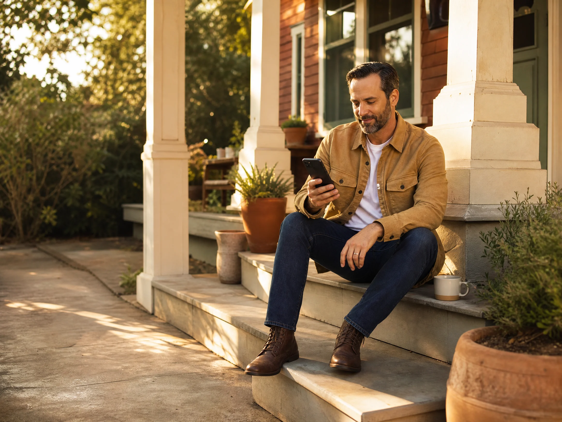 A homeowner on his porch checking his phone