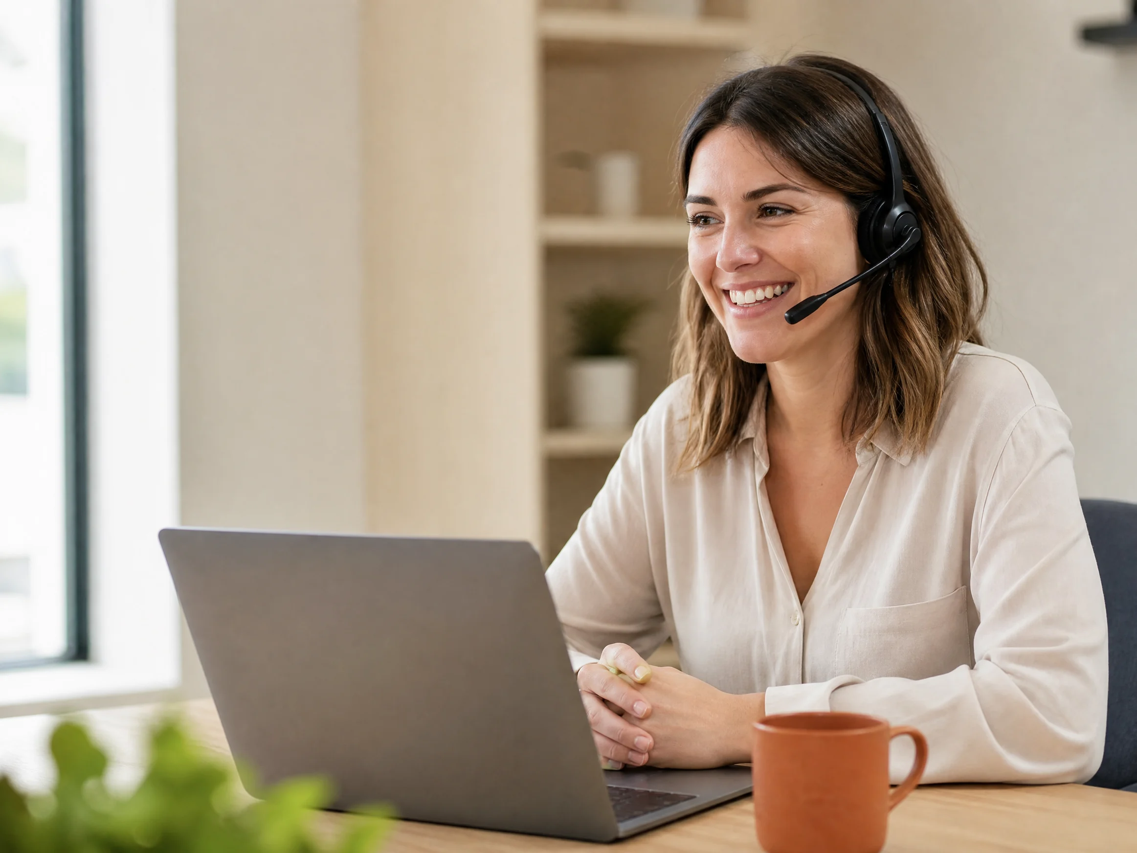 A customer service rep on a headset at her desk