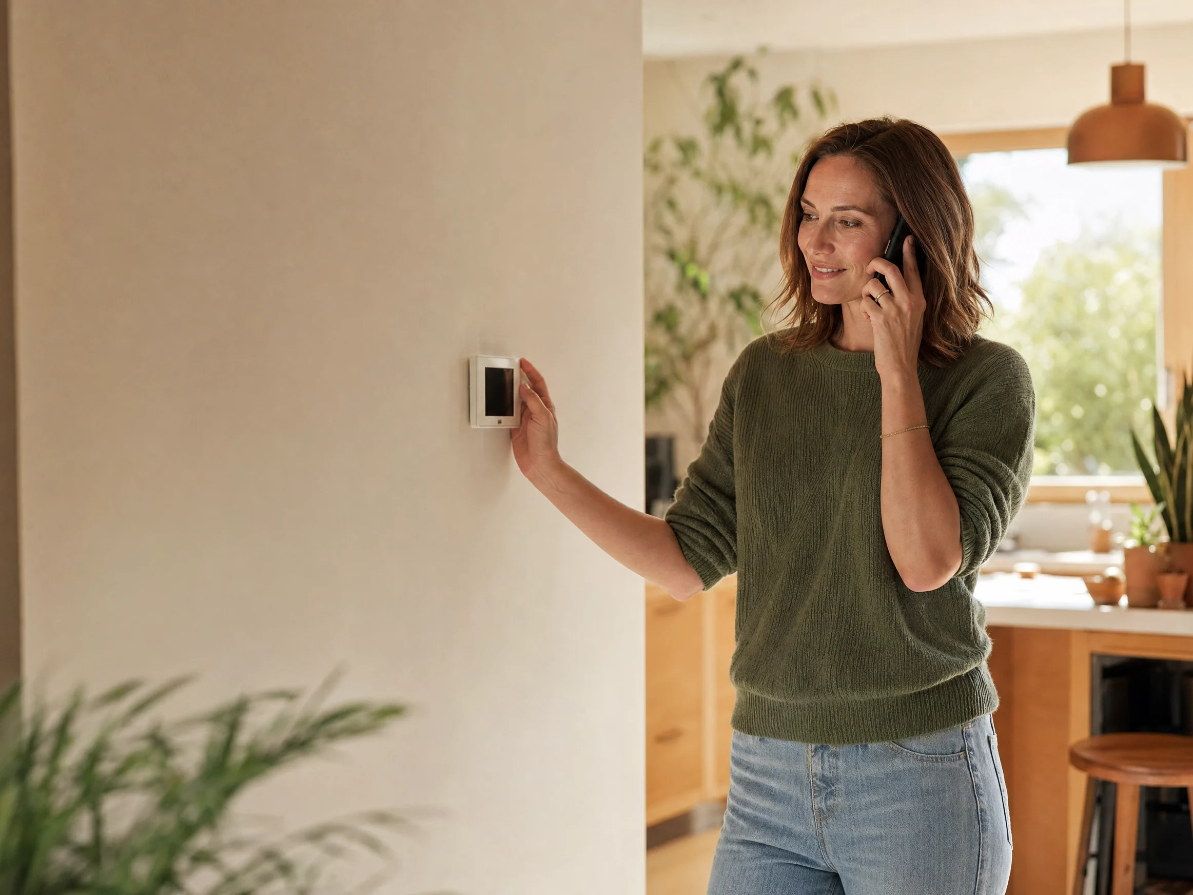 A homeowner on the phone by her thermostat
