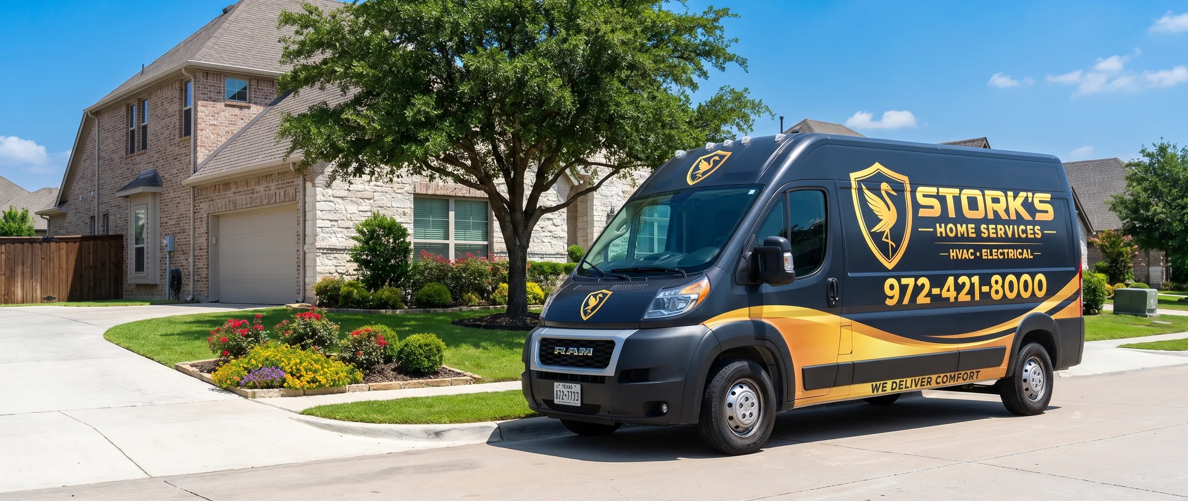 A branded Stork's Home Services van parked outside a Dallas-area home.