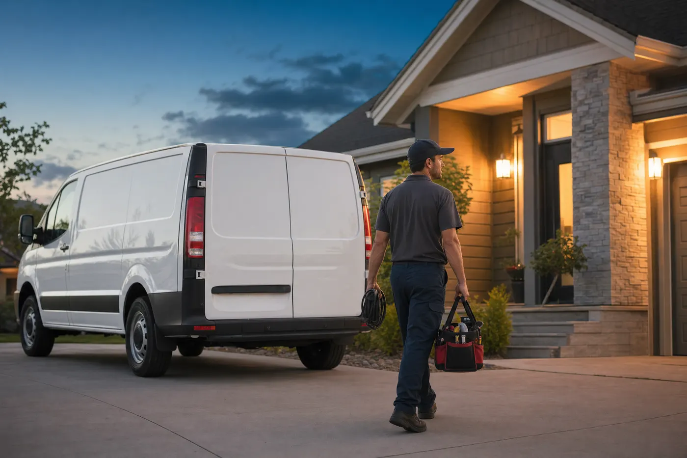 A service van parked in a suburban driveway at dusk