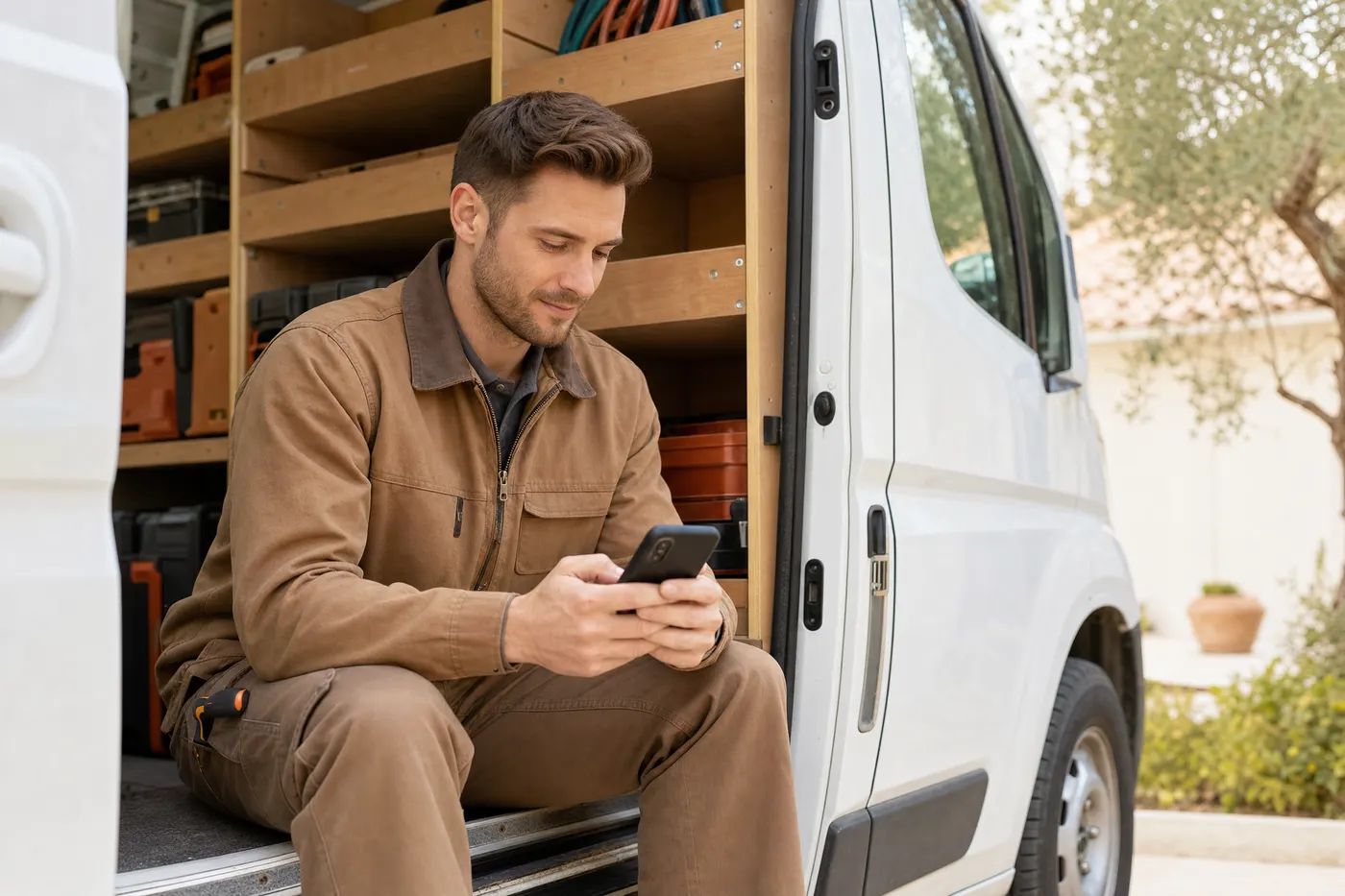 Technician using a phone app in the back of a service van