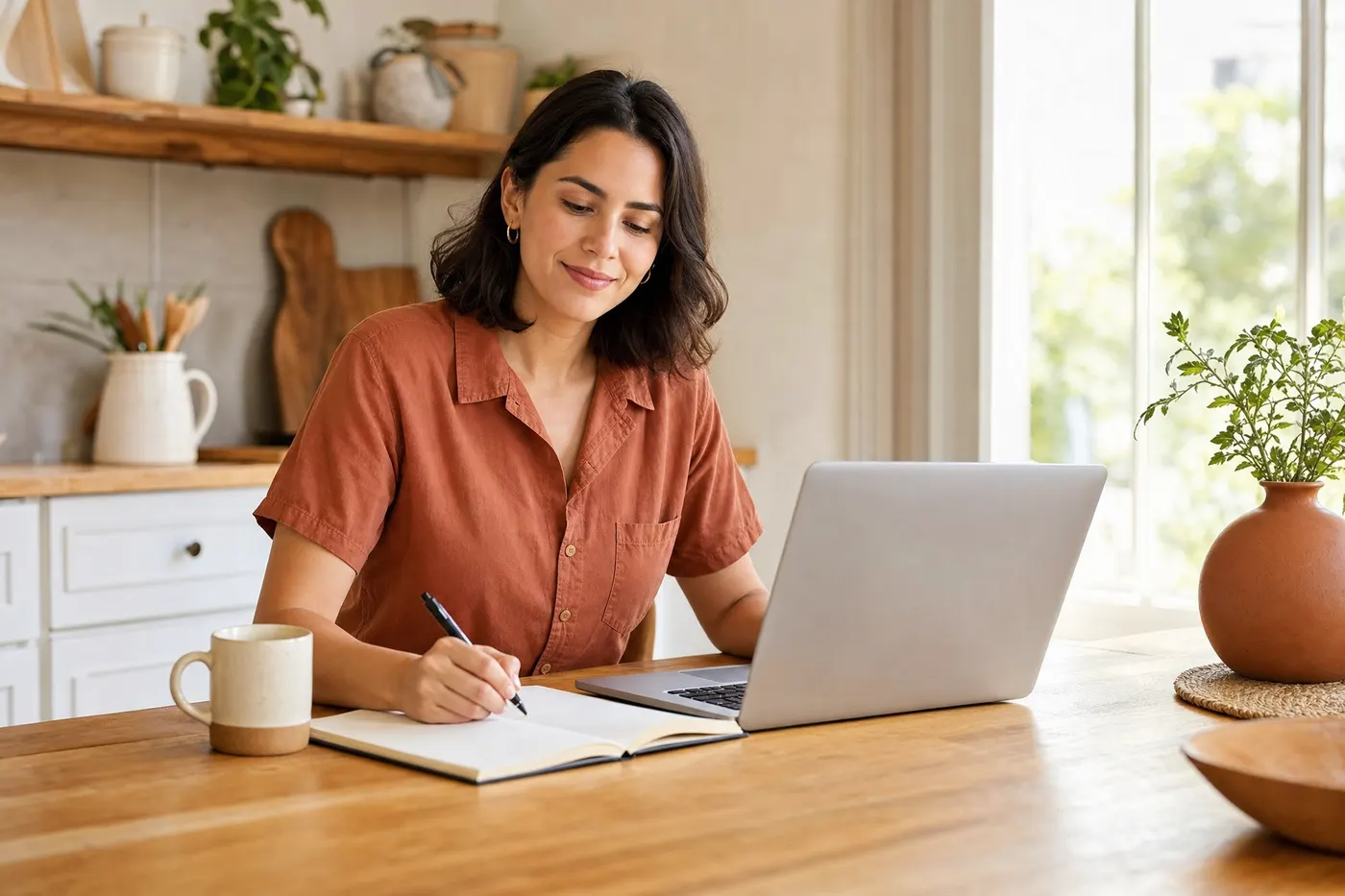 Business owner working on a laptop at a kitchen table
