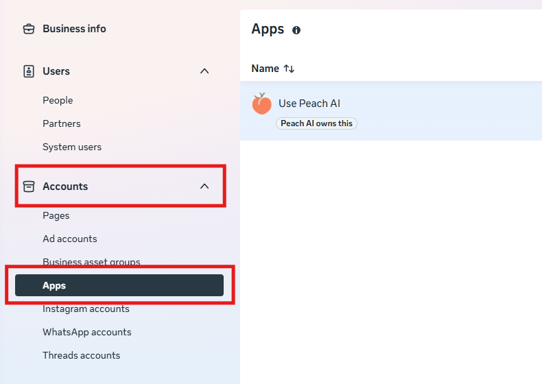 Meta Business settings menu with Accounts expanded and Apps selected