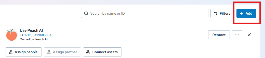 The blue Add button in the top-right corner of the Apps screen in Meta Business settings