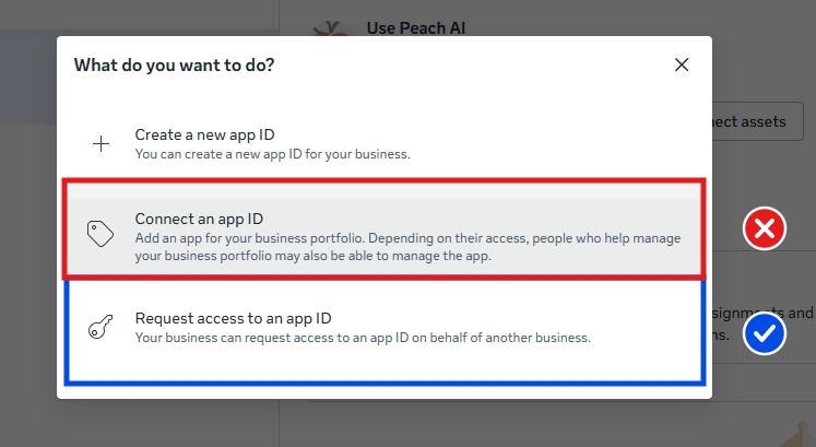 Meta's 'What do you want to do?' box, with Connect an app ID crossed out in red and Request access to an app ID ticked in blue