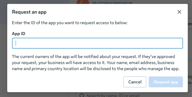 Meta's Request an app box with an empty App ID field and a Request app button