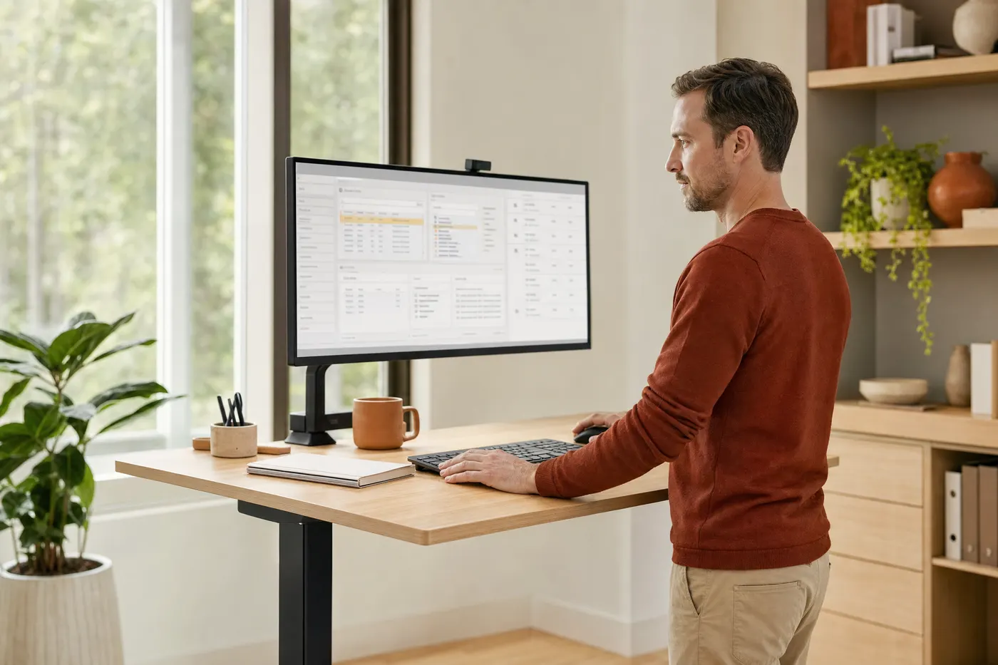 Operations manager configuring software at a standing desk