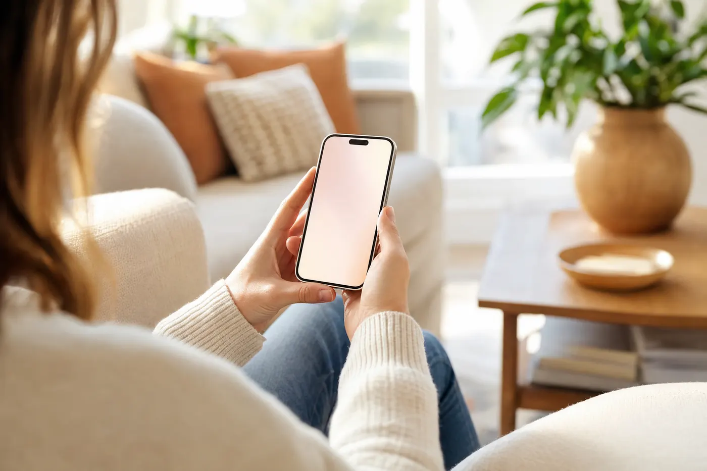 Close-up of a homeowner holding a smartphone in a living room