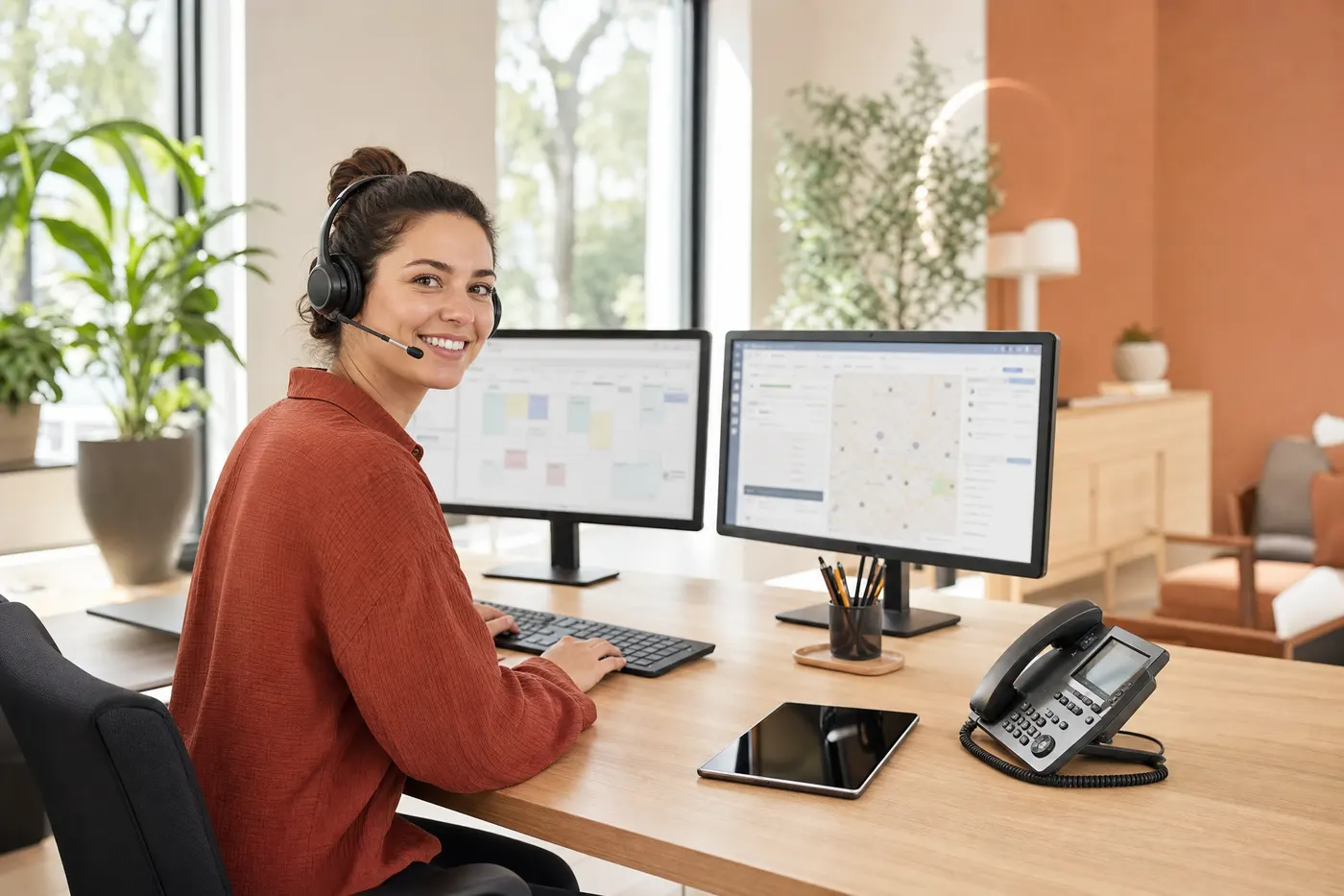 Dispatcher working at a two-monitor workstation