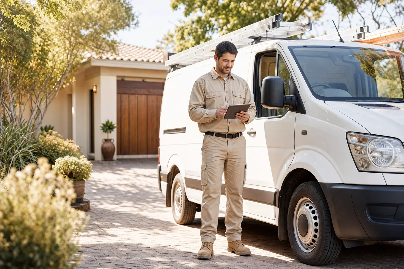 Technician checking a tablet beside a work van in a driveway