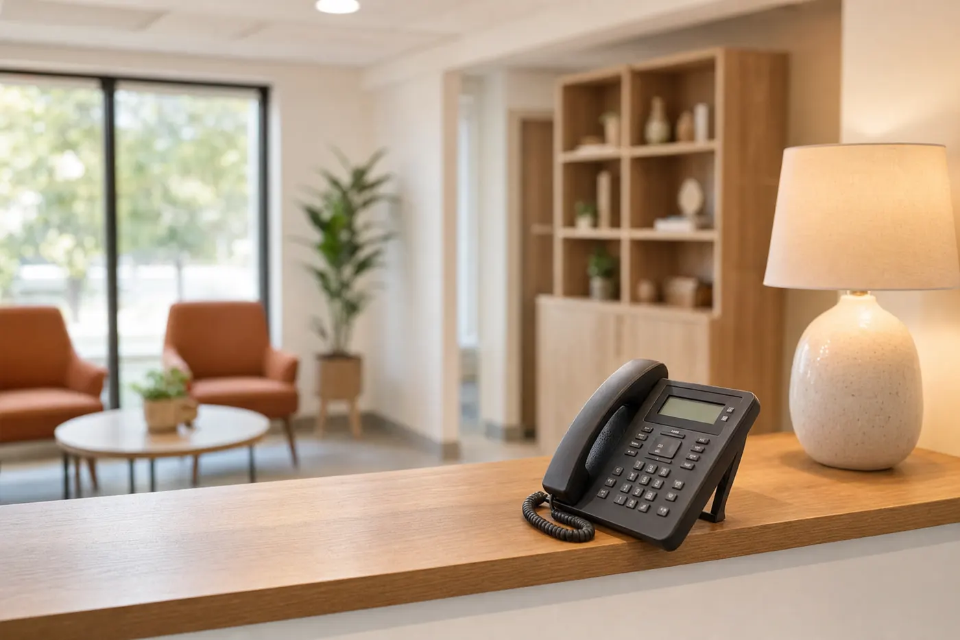 An empty reception desk and phone in a home services office after hours