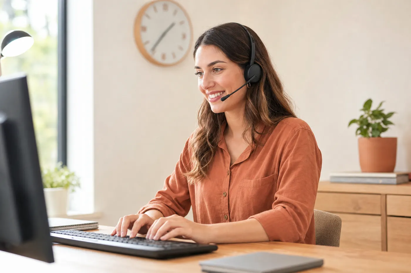 Customer service rep with a headset answering at her desk